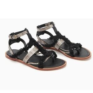 ULLA JOHNSON Petra Sandals Raven 6/36 Flats Black Snake Print Strappy Macramé
